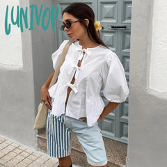 Lunivop White Hollow Out Lace Up Puff Sleeve Shirt For Women O-Neck Summer Fashion New Patchwork