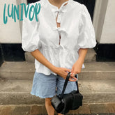 Lunivop White Hollow Out Lace Up Puff Sleeve Shirt For Women O-Neck Summer Fashion New Patchwork
