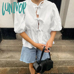 Lunivop White Hollow Out Lace Up Puff Sleeve Shirt For Women O-Neck Summer Fashion New Patchwork
