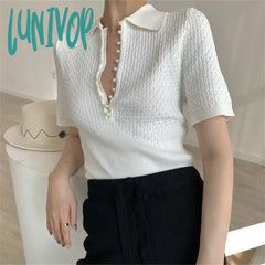 Lunivop White Knitted Polo Tops Women Summer Short Sleeve T-Shirt Korean Fashion Pearl Button Basic