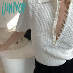 Lunivop White Knitted Polo Tops Women Summer Short Sleeve T-Shirt Korean Fashion Pearl Button Basic