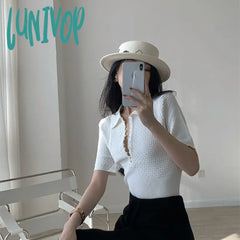 Lunivop White Knitted Polo Tops Women Summer Short Sleeve T-Shirt Korean Fashion Pearl Button Basic