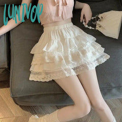 Lunivop White Lace Pleated Skirt Women Japanese Kawaii Clothing Cake Mini Skirts Even Party 2024