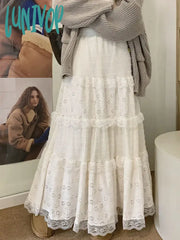 Lunivop White Lace Skirts Women Autumn Winter High Waist Long Skirt Female Korean Fashion Hollow