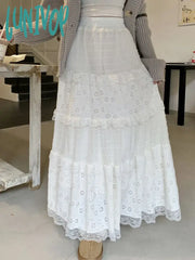 Lunivop White Lace Skirts Women Autumn Winter High Waist Long Skirt Female Korean Fashion Hollow