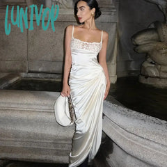 Lunivop White Lace Tirm Maxi Dress Women 2024 Satin Slip High Split Elegant Sexy Birthday Party