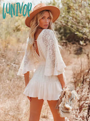 Lunivop White Lace Tunic Sexy Deep V Neck Button Bikini Cover-Ups Women Clothes Summer Ruffles Long