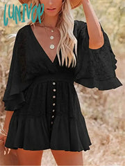Lunivop White Lace Tunic Sexy Deep V Neck Button Bikini Cover-Ups Women Clothes Summer Ruffles Long