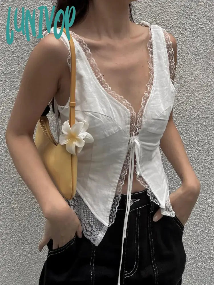 Lunivop White Lace-Up Patchwork Tank Top For Women Lace Backless Summer Fashion Bandage Crop Top