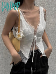 Lunivop White Lace-Up Patchwork Tank Top For Women Lace Backless Summer Fashion Bandage Crop Top