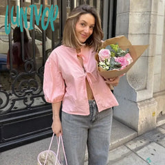 Lunivop White Lace-Up Short Sleeve Shirt For Women Casual Loose Solid Color Patchwork Summer Blouse