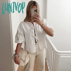 Lunivop White Lace-Up Short Sleeve Shirt For Women Casual Loose Solid Color Patchwork Summer Blouse