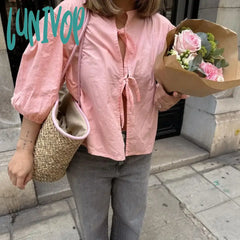 Lunivop White Lace-Up Short Sleeve Shirt For Women Casual Loose Solid Color Patchwork Summer Blouse