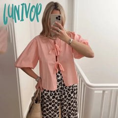 Lunivop White Lace-Up Short Sleeve Shirt For Women Casual Loose Solid Color Patchwork Summer Blouse