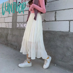 Lunivop White Long Lace Mesh Skirt For Women Girl Midi Tulle Summer Fairycore Clothes Elegant