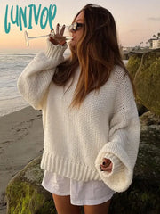 Lunivop White Loose Lazy Sweater Women’s Thin Long-Sleeved Pullover Knitted Top Hollow Out