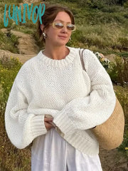 Lunivop White Loose Lazy Sweater Women’s Thin Long-Sleeved Pullover Knitted Top Hollow Out