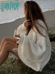 Lunivop White Loose Lazy Sweater Women’s Thin Long-Sleeved Pullover Knitted Top Hollow Out