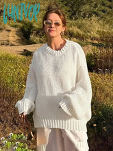 Lunivop White Loose Lazy Sweater Women’s Thin Long-Sleeved Pullover Knitted Top Hollow Out