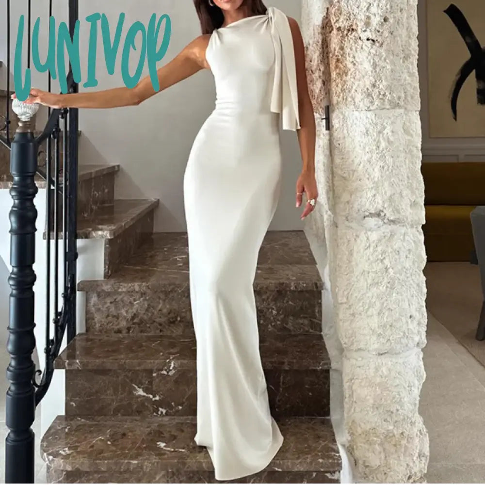 Lunivop White Ribbon Draped Maxi Dress Women Elegant Sleeveless High Waist Bodycon Summer Tunic