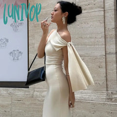 Lunivop White Ribbon Draped Maxi Dress Women Elegant Sleeveless High Waist Bodycon Summer Tunic