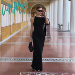 Lunivop White Ribbon Draped Maxi Dress Women Elegant Sleeveless High Waist Bodycon Summer Tunic