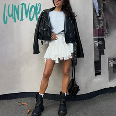 Lunivop White Ruffle Mini Skirts Women’s New A-Line Irregular Cupcake Skirt Patchwork Elastic
