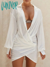 Lunivop White Sheer Shirt Dresses For Women 2024 New Summer Vacation Deep V-Neck Long Sleeve Mini