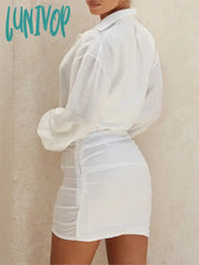 Lunivop White Sheer Shirt Dresses For Women 2024 New Summer Vacation Deep V-Neck Long Sleeve Mini