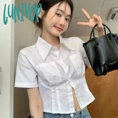 Lunivop White Shirts Women Korean Fashion Slim Crop Tops Summer Preppy Style Short Sleeve Turn Down