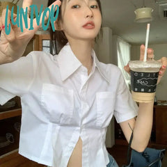 Lunivop White Shirts Women Korean Fashion Slim Crop Tops Summer Preppy Style Short Sleeve Turn Down