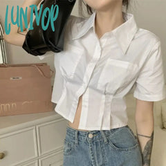 Lunivop White Shirts Women Korean Fashion Slim Crop Tops Summer Preppy Style Short Sleeve Turn Down