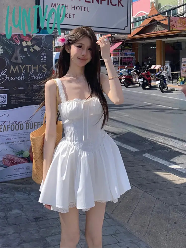 Lunivop White Strap Dress Women Casual Elegant Y2K Mini Even Party Clothing Korean Fashion One