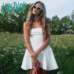 Lunivop White Strapless Mini Dress For Women Sexy Off Shoulder Sleeveless Slim Holidays Summer