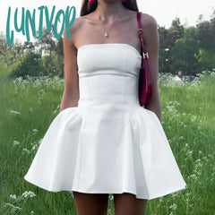Lunivop White Strapless Mini Dress For Women Sexy Off Shoulder Sleeveless Slim Holidays Summer