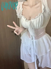 Lunivop White Sweet Kawaii Two Piece Set Women Bodycon Sexy Party Dress Female Korean Fashion