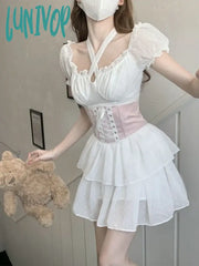 Lunivop White Sweet Kawaii Two Piece Set Women Bodycon Sexy Party Dress Female Korean Fashion