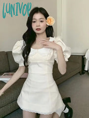 Lunivop White Sweet Kawaii Two Piece Set Women Korean Fashion Party Mini Skirt Female Puff Sleeve