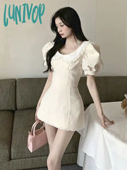Lunivop White Sweet Kawaii Two Piece Set Women Korean Fashion Party Mini Skirt Female Puff Sleeve