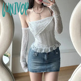 Lunivop White Thin Lace Knitted Tight Sexy Hot All-Match Casual High Street Fashionable Women’s