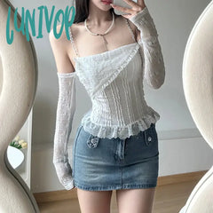 Lunivop White Thin Lace Knitted Tight Sexy Hot All-Match Casual High Street Fashionable Women’s