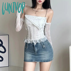 Lunivop White Thin Lace Knitted Tight Sexy Hot All-Match Casual High Street Fashionable Women’s