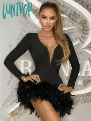 Lunivop Winter Fashion Women Sexy V Neck Long Sleeve Feather Black White Mini Bandage Dress Elegant