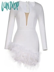 Lunivop Winter Fashion Women Sexy V Neck Long Sleeve Feather Black White Mini Bandage Dress Elegant