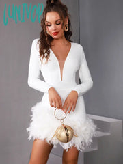 Lunivop Winter Luxury Sexy Long Sleeve Mesh White Black Feather Mini Bodycon Bandage Dress Elegant