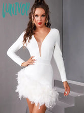 Lunivop Winter Luxury Sexy Long Sleeve Mesh White Black Feather Mini Bodycon Bandage Dress Elegant