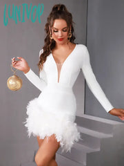 Lunivop Winter Luxury Sexy Long Sleeve Mesh White Black Feather Mini Bodycon Bandage Dress Elegant