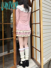 Lunivop Winter Pink Lace Sweet Lolita Cake Skirt Women A-Line Japanese Kawaii Cute Female Bow