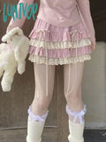 Lunivop Winter Pink Lace Sweet Lolita Cake Skirt Women A-line Japanese Kawaii Cute Skirt Female Bow Korean Elegant Fairy Skirt
