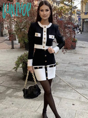 Lunivop Winter Sexy Long Sleeve Patchwork Button Black White Two Pieces Bandage Set